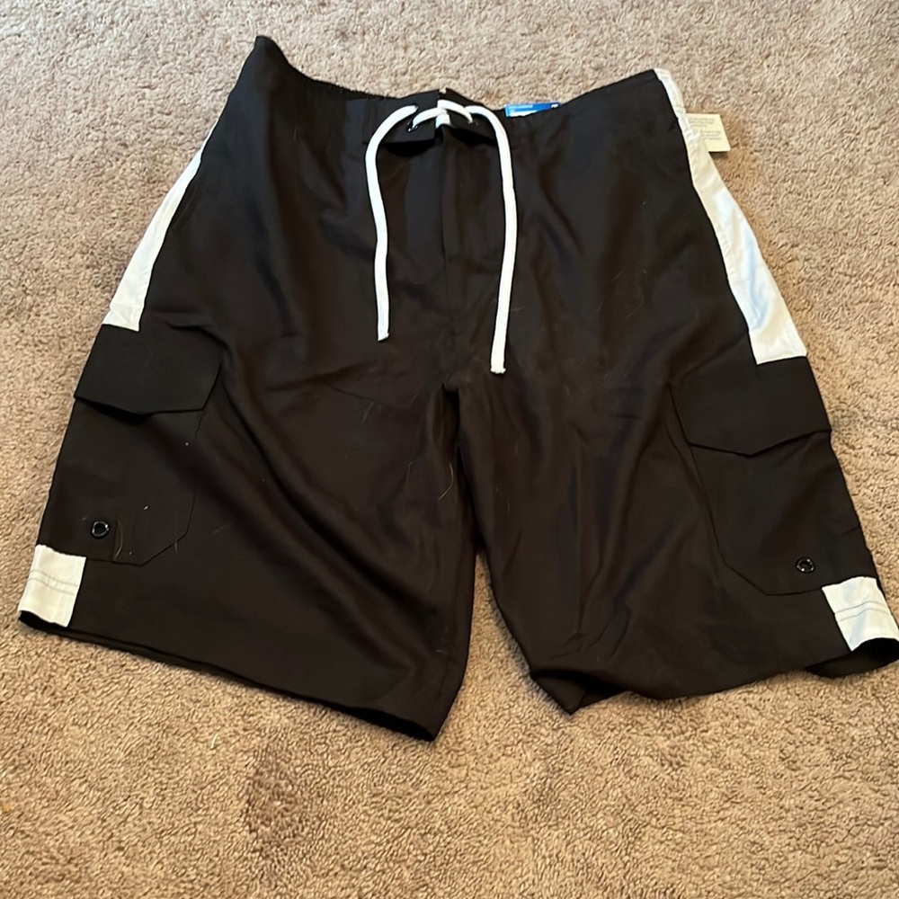 Black and white cargo swim trunks